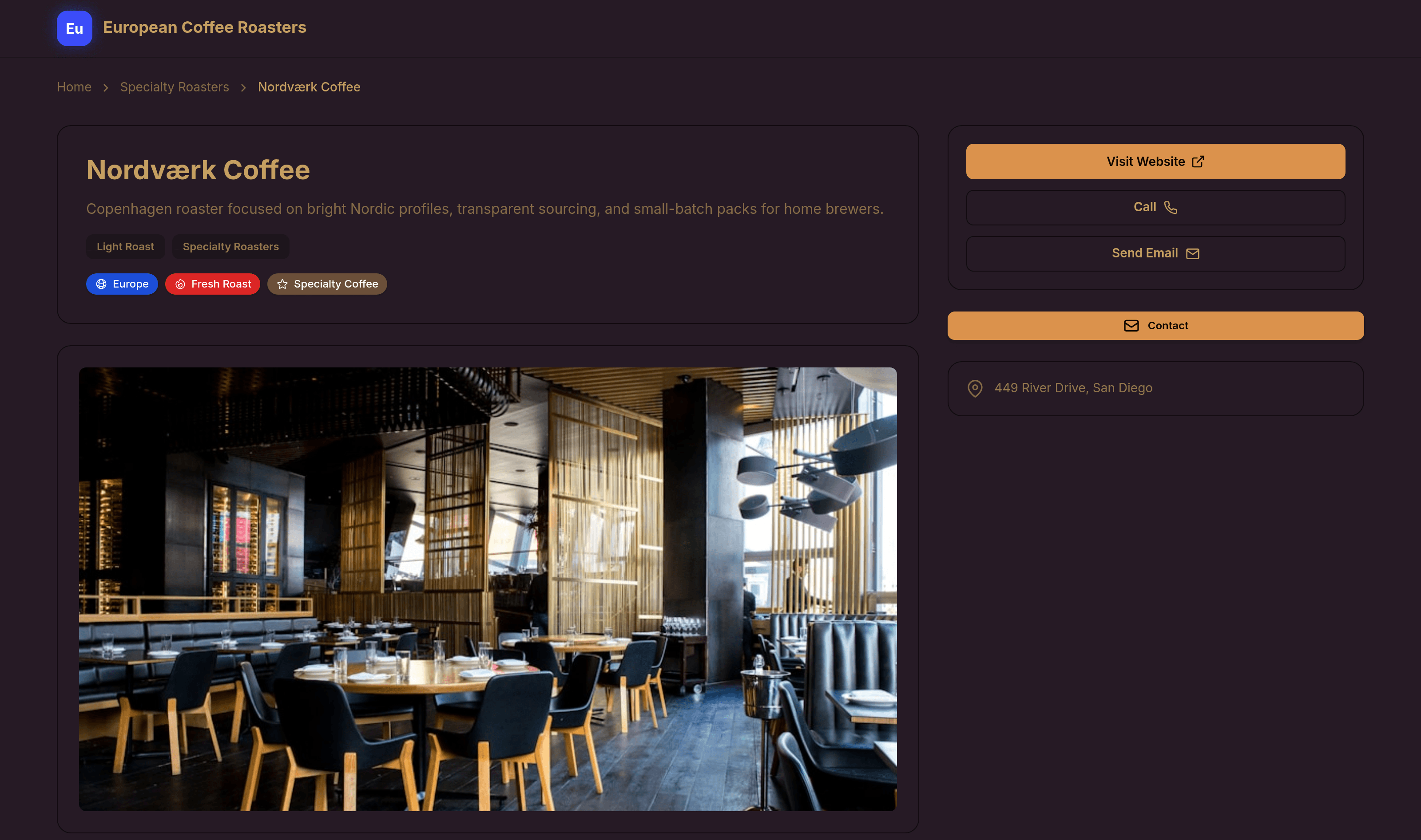 A generated listing page: breadcrumbs, custom-field tags, contact CTAs and a clean, shareable URL.