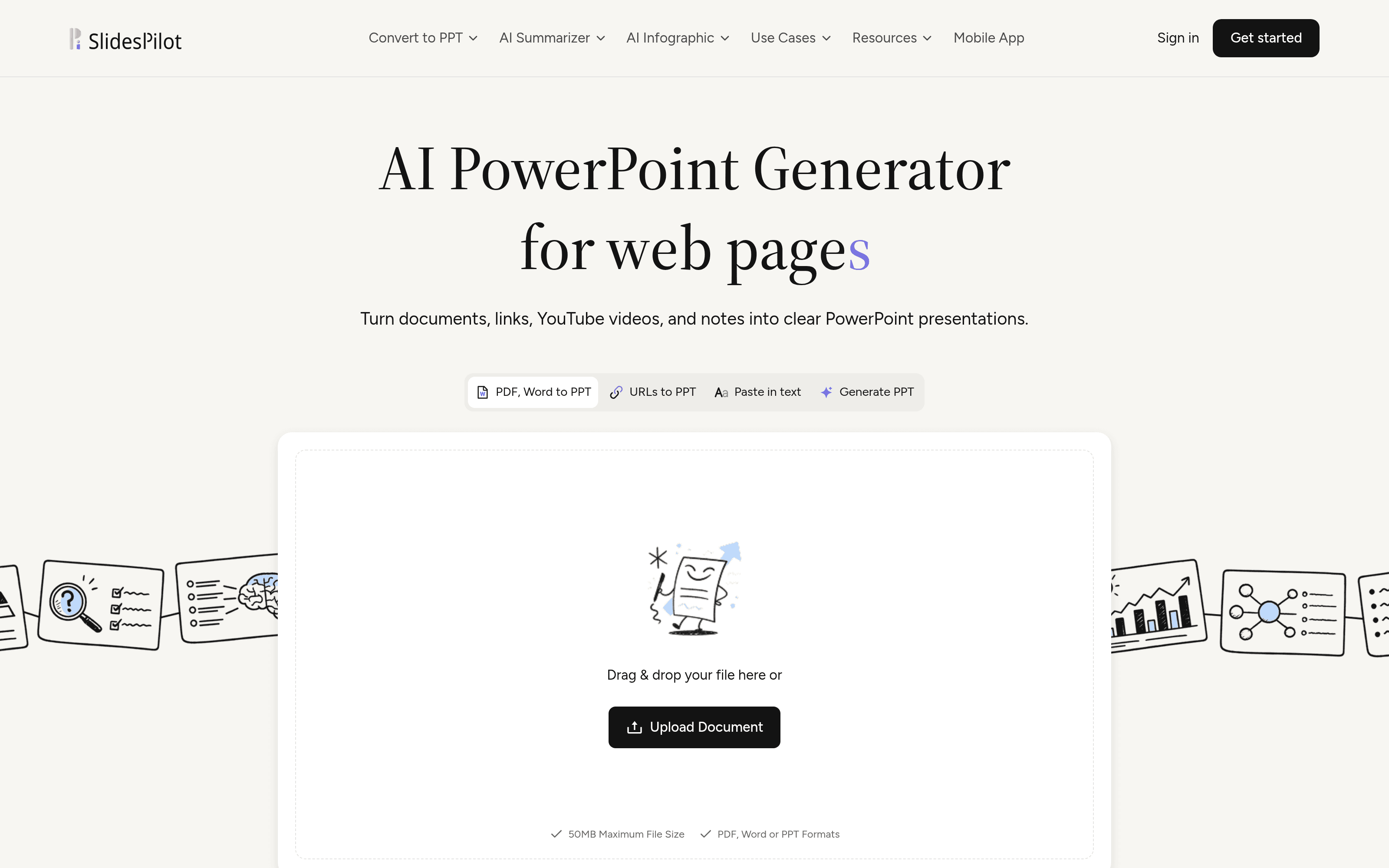 The SlidesPilot home page: one upload box, and four ways to feed it.