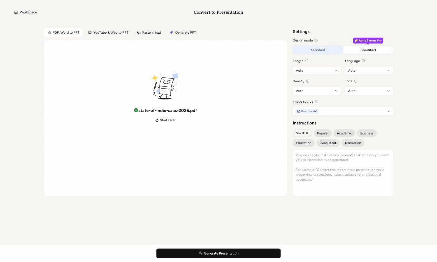 The generation screen with my test PDF loaded: source on the left, every setting on the right. Image source only appears in Standard mode.