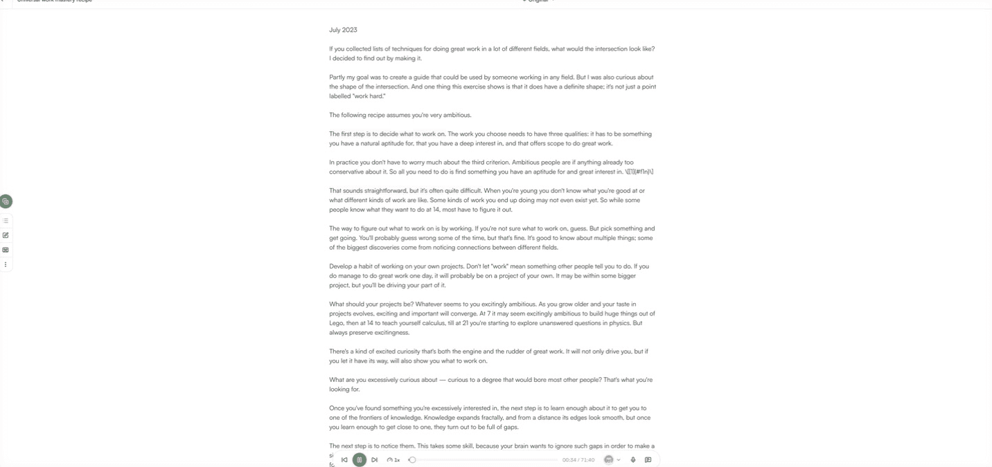 The reading view mid-playback: the current sentence carries a faint highlight, and the player shows position in the 71-minute essay.